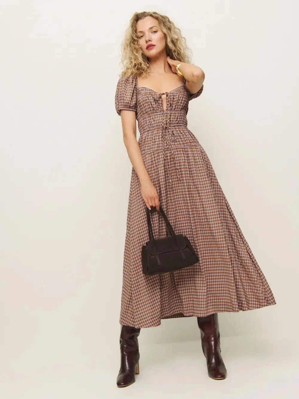 Reformation Brown Gingham Puff-Sleeve Midi Dress - Picture 6 of 6